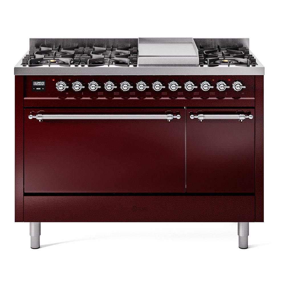 ILVE Nostalgie II 48-Inch Natural Gas Dual Fuel Range, 8 Burners, Griddle, Solid Door, Burgundy with Chrome Trim (UP48FQNMPBUC)