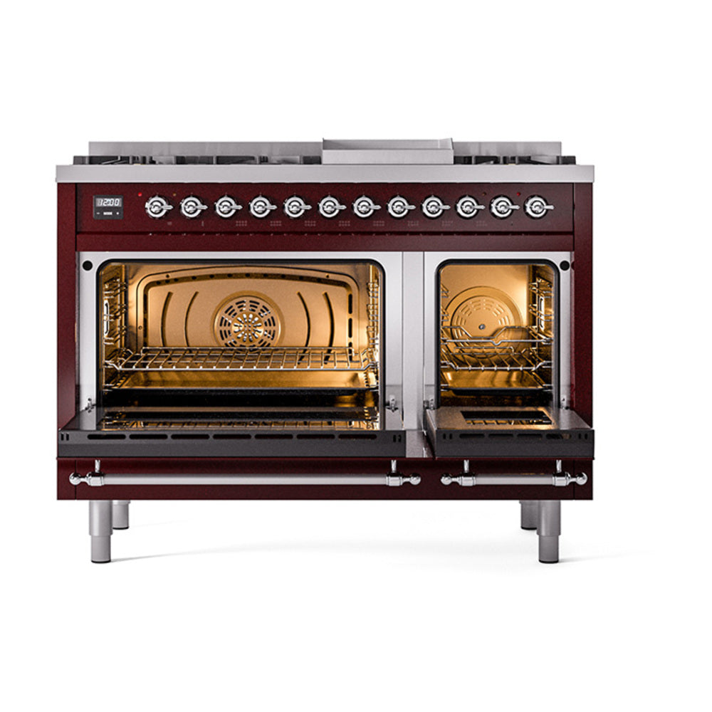ILVE Nostalgie II 48-Inch Propane Dual Fuel Range, 8 Burners, Griddle, Solid Door, Burgundy with Chrome Trim (UP48FQNMPBUCLP)