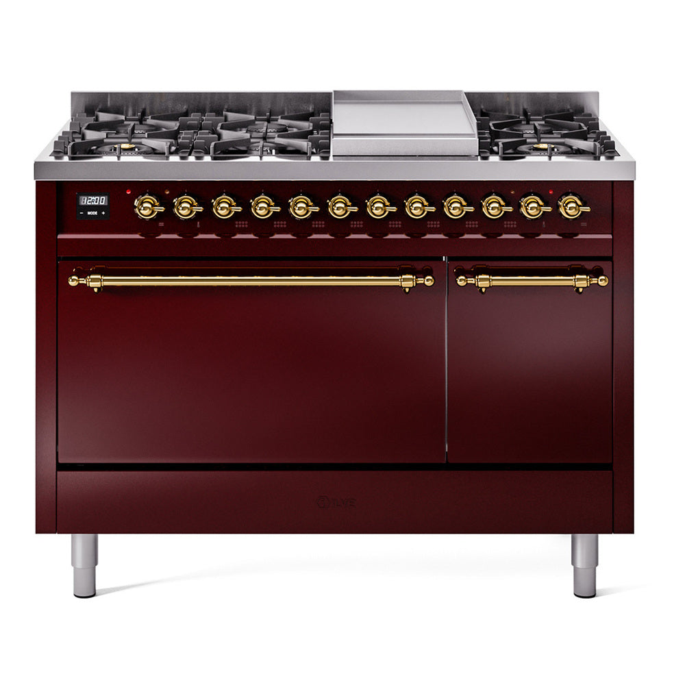 ILVE Nostalgie II 48-Inch Natural Gas Dual Fuel Range, 8 Burners, Griddle, Solid Door, Burgundy with Brass Trim (UP48FQNMPBUG)