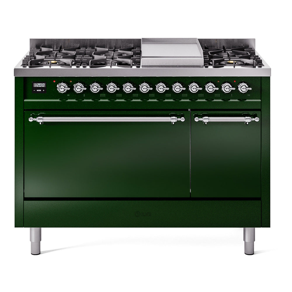 ILVE Nostalgie II 48-Inch Natural Gas Dual Fuel Range, 8 Burners, Griddle, Solid Door, Emerald Green with Chrome Trim (UP48FQNMPEGC)
