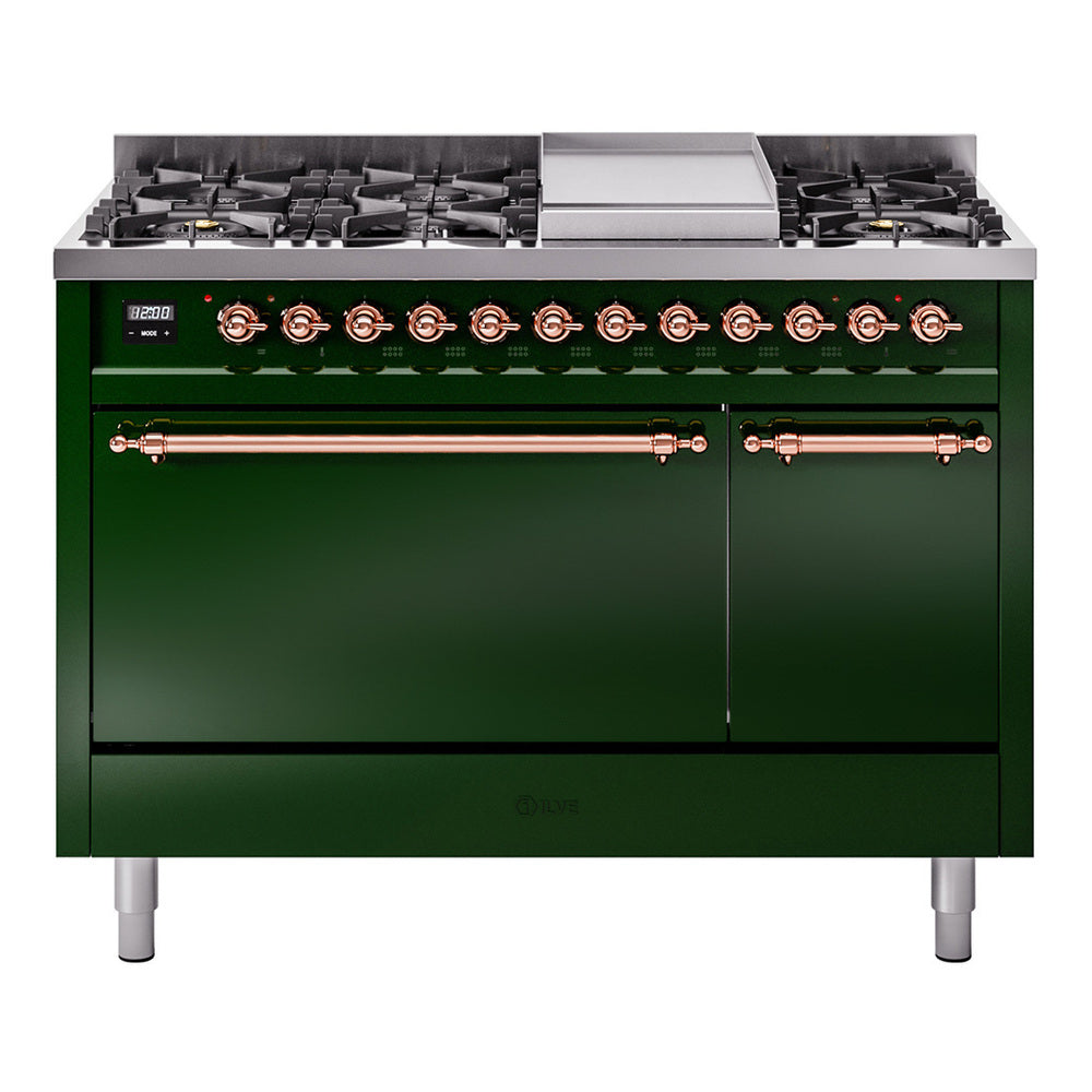 ILVE Nostalgie II 48-Inch Natural Gas Dual Fuel Range, 8 Burners, Griddle, Solid Door, Emerald Green with Copper Trim (UP48FQNMPEGP)
