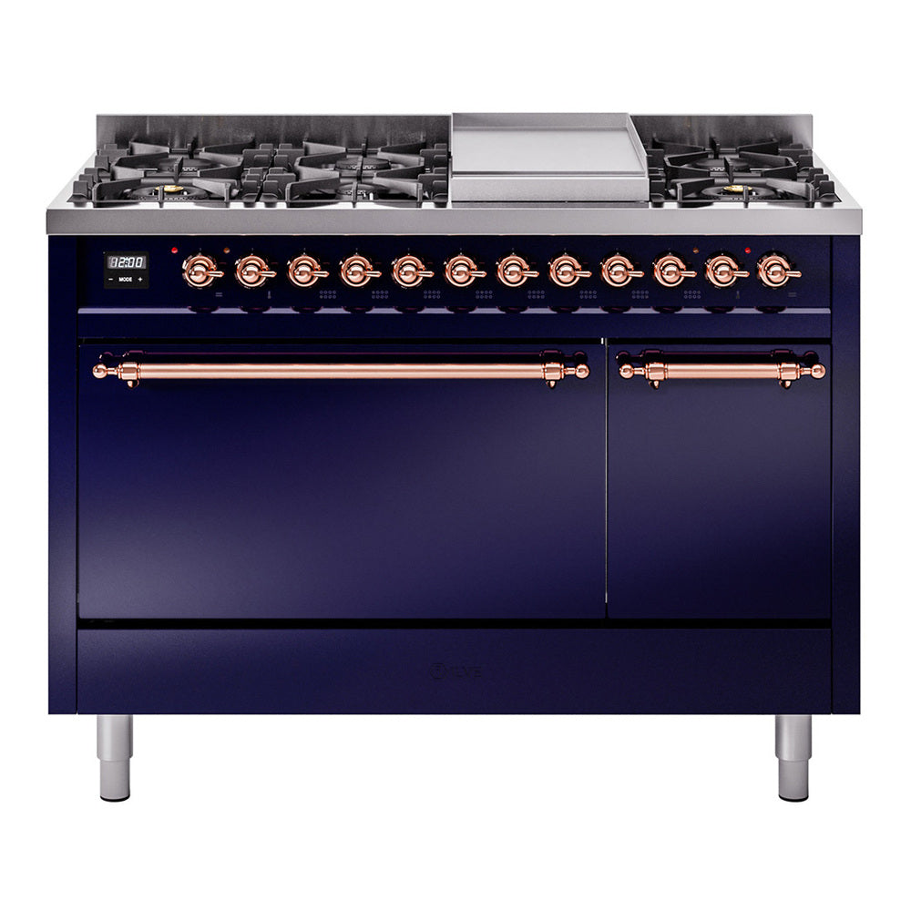 ILVE Nostalgie II 48-Inch Natural Gas Dual Fuel Range, 8 Burners, Griddle, Solid Door, Midnight Blue with Copper Trim (UP48FQNMPMBP)