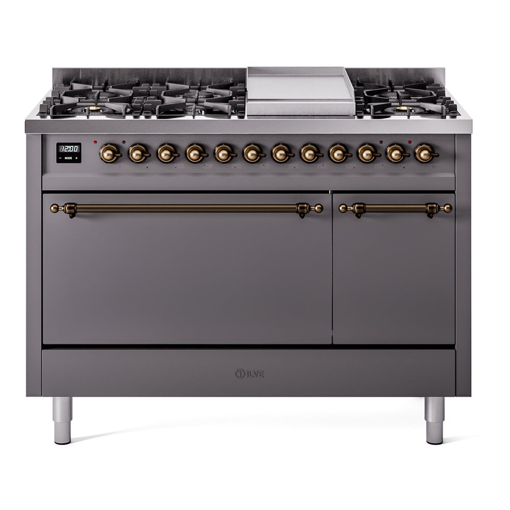 ILVE Nostalgie II 48-Inch Propane Dual Fuel Range, 8 Burners, Griddle, Solid Door, Matte Graphite with Burnished Bronze Trim (UP48FQNMPMGBLP)