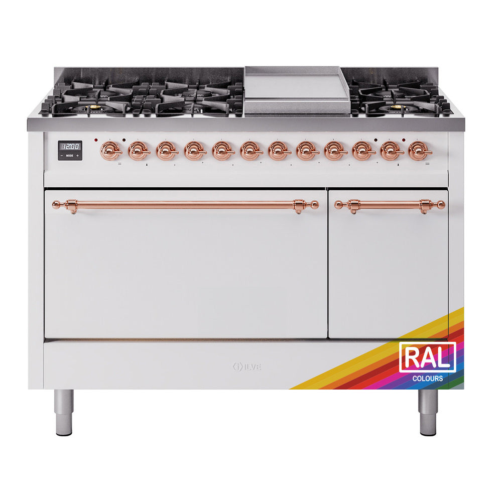 ILVE Nostalgie II 48-Inch Natural Gas Dual Fuel Range, 8 Burners, Griddle, Solid Door, Custom RAL with Copper Trim (UP48FQNMPRAP)