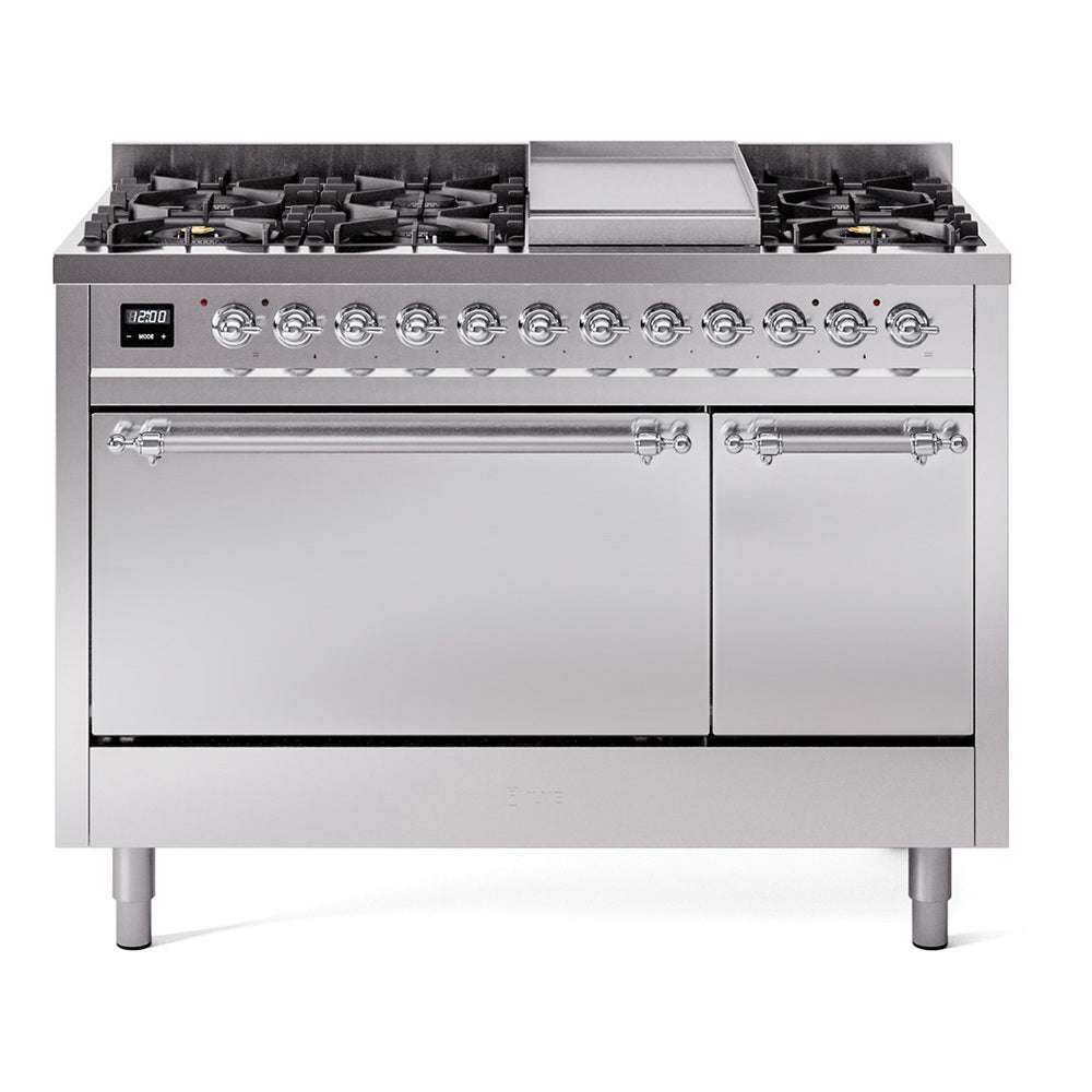 ILVE Nostalgie II 48-Inch Propane Dual Fuel Range, 8 Burners, Griddle, Solid Door, Stainless Steel with Chrome Trim (UP48FQNMPSSCLP)