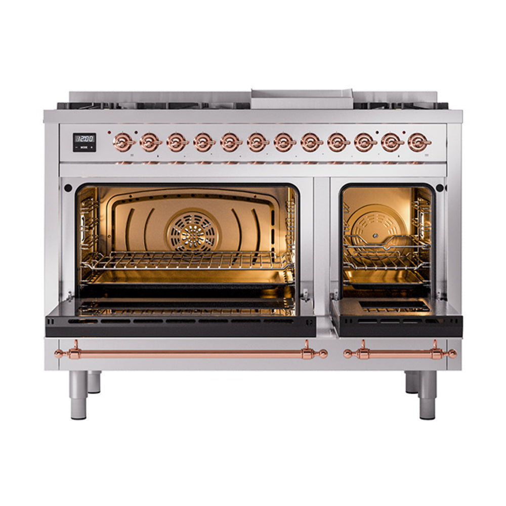 ILVE Nostalgie II 48-Inch Natural Gas Dual Fuel Range, 8 Burners, Griddle, Solid Door, Stainless Steel with Copper Trim (UP48FQNMPSSP)