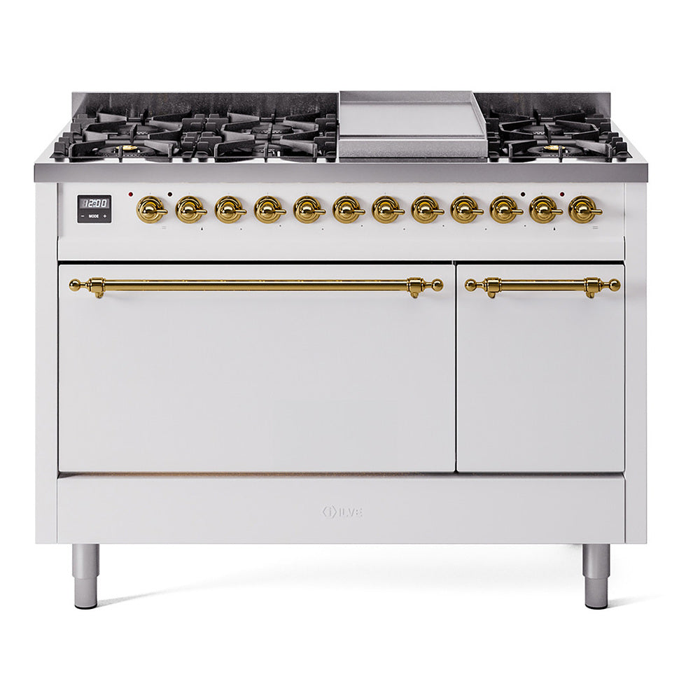 ILVE Nostalgie II 48-Inch Natural Gas Dual Fuel Range, 8 Burners, Griddle, Solid Door, White with Brass Trim (UP48FQNMPWHG)