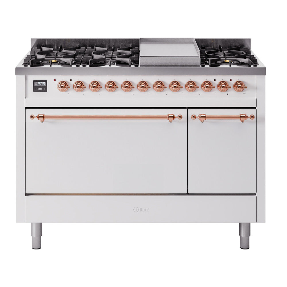 ILVE Nostalgie II 48-Inch Propane Dual Fuel Range, 8 Burners, Griddle, Solid Door, White with Copper Trim (UP48FQNMPWHPLP)