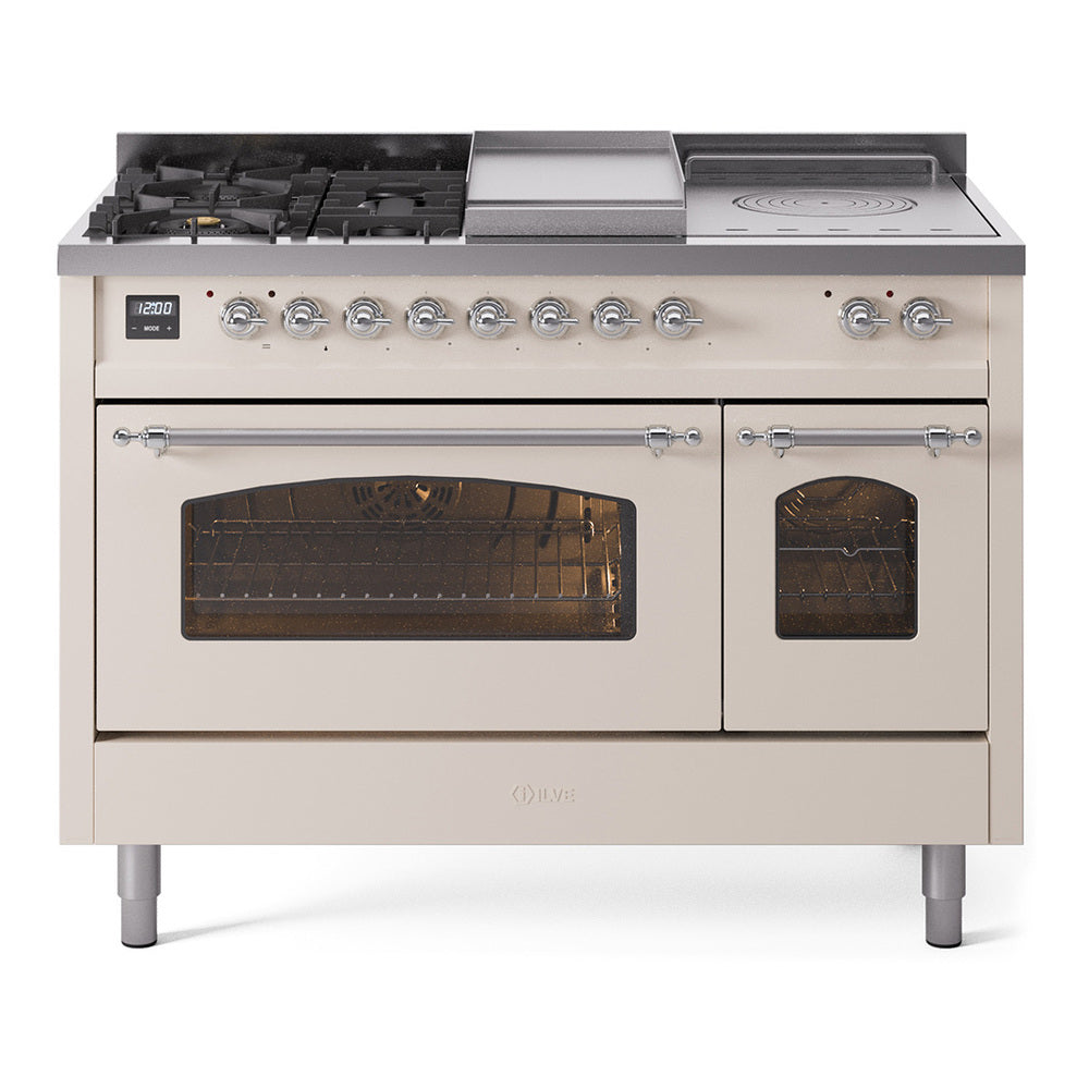 ILVE Nostalgie II 48-Inch Natural Gas Dual Fuel Range, 5 Burners, French Top, Griddle, Glass Door, Antique White with Chrome Trim (UP48FSNMPAWC)