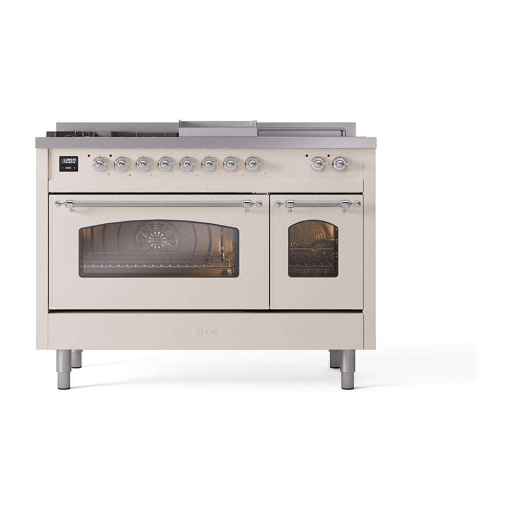 ILVE Nostalgie II 48-Inch Natural Gas Dual Fuel Range, 5 Burners, French Top, Griddle, Glass Door, Antique White with Chrome Trim (UP48FSNMPAWC)