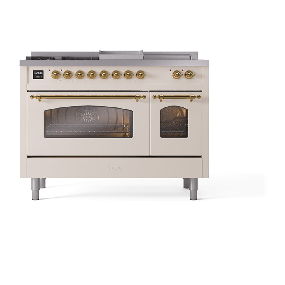 ILVE Nostalgie II 48-Inch Propane Dual Fuel Range, 5 Burners, French Top, Griddle, Triple Glass Door, Antique White with Brass Trim (UP48FSNMPAWGLP)