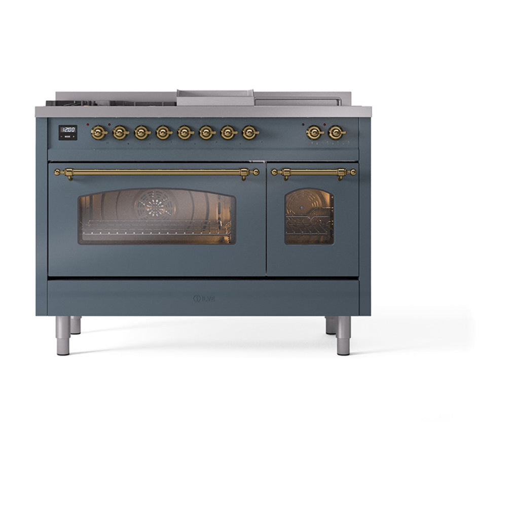 ILVE Nostalgie II 48-Inch Propane Dual Fuel Range, 5 Burners, French Top, Griddle, Triple Glass Door, Blue Grey with Brass Trim (UP48FSNMPBGGLP)