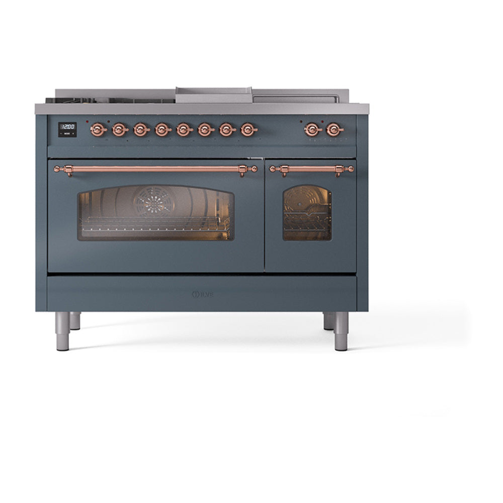 ILVE Nostalgie II 48-Inch Natural Gas Dual Fuel Range, 5 Burners, French Top, Griddle, Triple Glass Door, Blue Grey with Copper Trim (UP48FSNMPBGP)