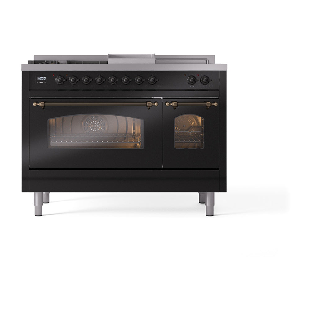 ILVE Nostalgie II 48-Inch Natural Gas Dual Fuel Range, 5 Burners, French Top, Griddle, Glass Door, Glossy Black with Bronze Trim (UP48FSNMPBKB)