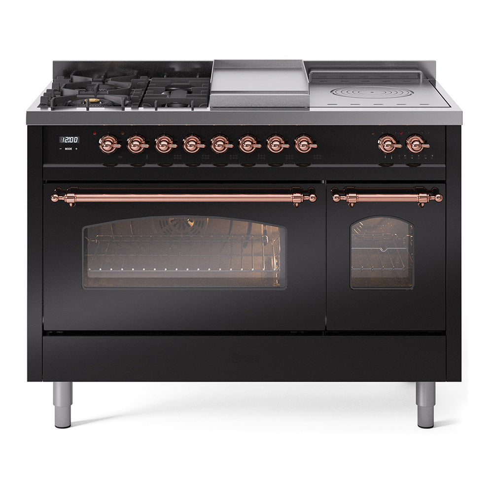 ILVE Nostalgie II 48-Inch Natural Gas Dual Fuel Range, 5 Burners, French Top, Griddle, Triple Glass Door, Glossy Black with Copper Trim (UP48FSNMPBKP)