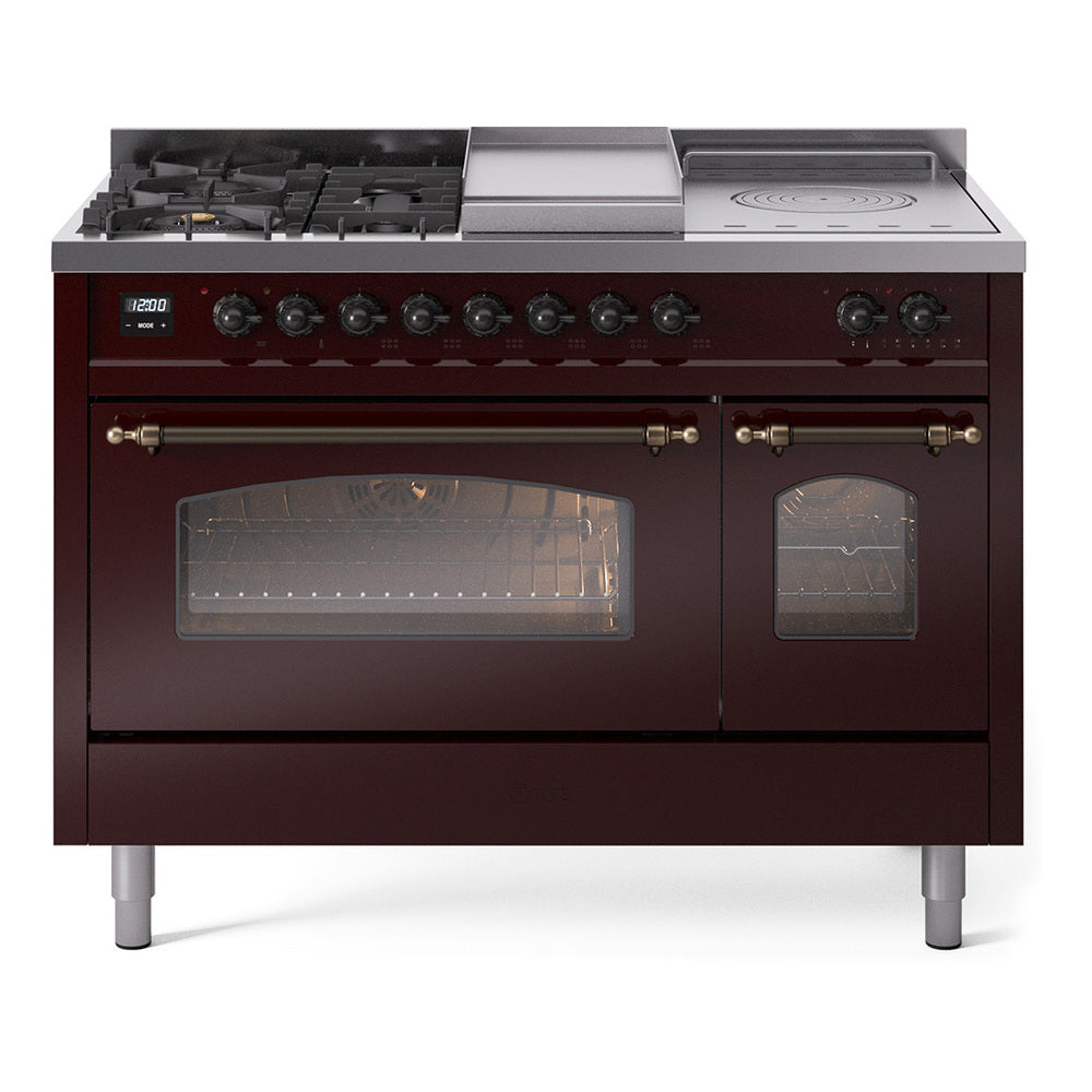 ILVE Nostalgie II 48-Inch Propane Dual Fuel Range, 5 Burners, French Top, Griddle, Glass Door, Burgundy with Burnished Bronze Trim (UP48FSNMPBUBLP)