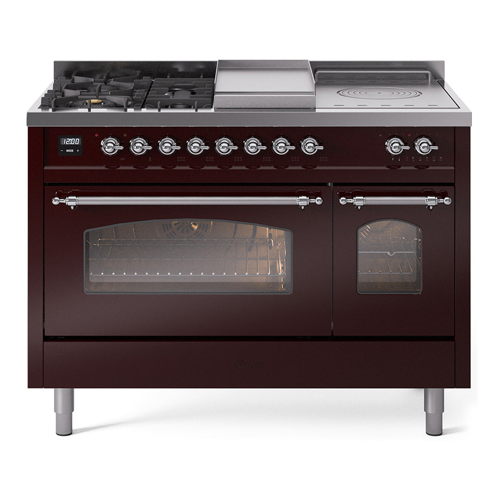 ILVE Nostalgie II 48-Inch Propane Dual Fuel Range, 5 Burners, French Top, Griddle, Triple Glass Door, Burgundy with Chrome Trim (UP48FSNMPBUCLP)