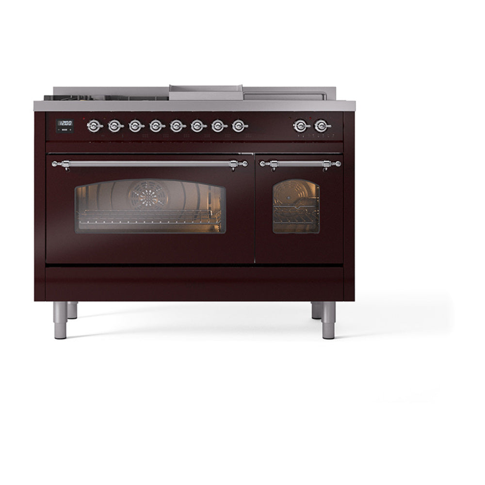 ILVE Nostalgie II 48-Inch Propane Dual Fuel Range, 5 Burners, French Top, Griddle, Triple Glass Door, Burgundy with Chrome Trim (UP48FSNMPBUCLP)