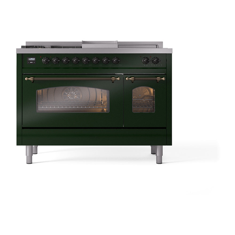 ILVE Nostalgie II 48-Inch Natural Gas Dual Fuel Range, 5 Burners, French Top, Griddle, Glass Door, Emerald Green with Bronze Trim (UP48FSNMPEGB)