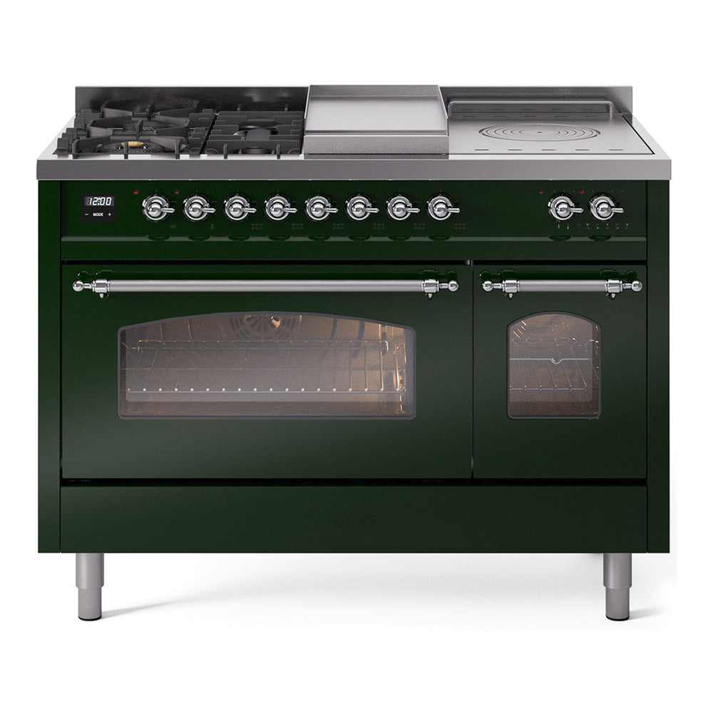 ILVE Nostalgie II 48-Inch Natural Gas Dual Fuel Range, 5 Burners, French Top, Griddle, Glass Door, Emerald Green with Chrome Trim (UP48FSNMPEGC)