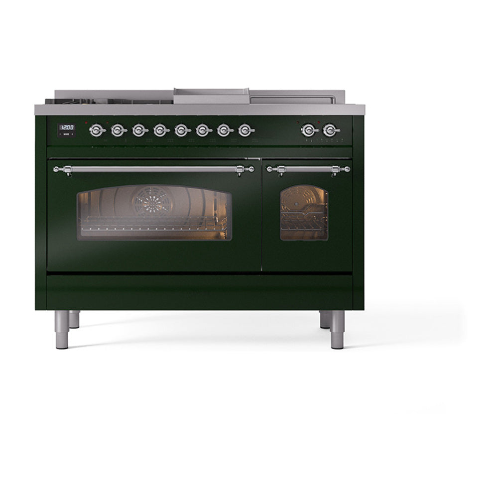 ILVE Nostalgie II 48-Inch Natural Gas Dual Fuel Range, 5 Burners, French Top, Griddle, Glass Door, Emerald Green with Chrome Trim (UP48FSNMPEGC)