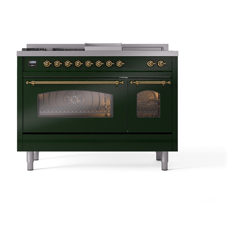 ILVE Nostalgie II 48-Inch Propane Dual Fuel Range, 5 Burners, French Top, Griddle, Triple Glass Door, Emerald Green with Brass Trim (UP48FSNMPEGGLP)