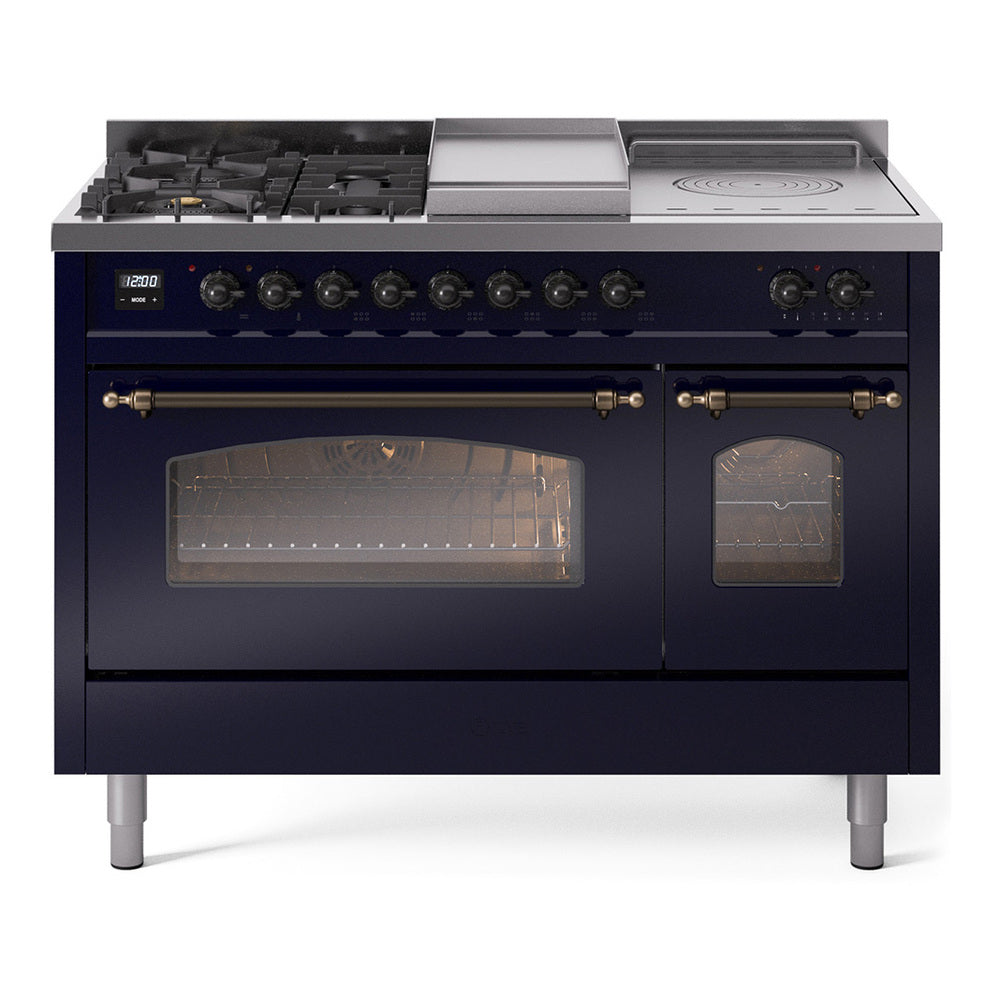 ILVE Nostalgie II 48-Inch Propane Dual Fuel Range, 5 Burners, French Top, Griddle, Glass Door, Midnight Blue with Bronze Trim (UP48FSNMPMBBLP)