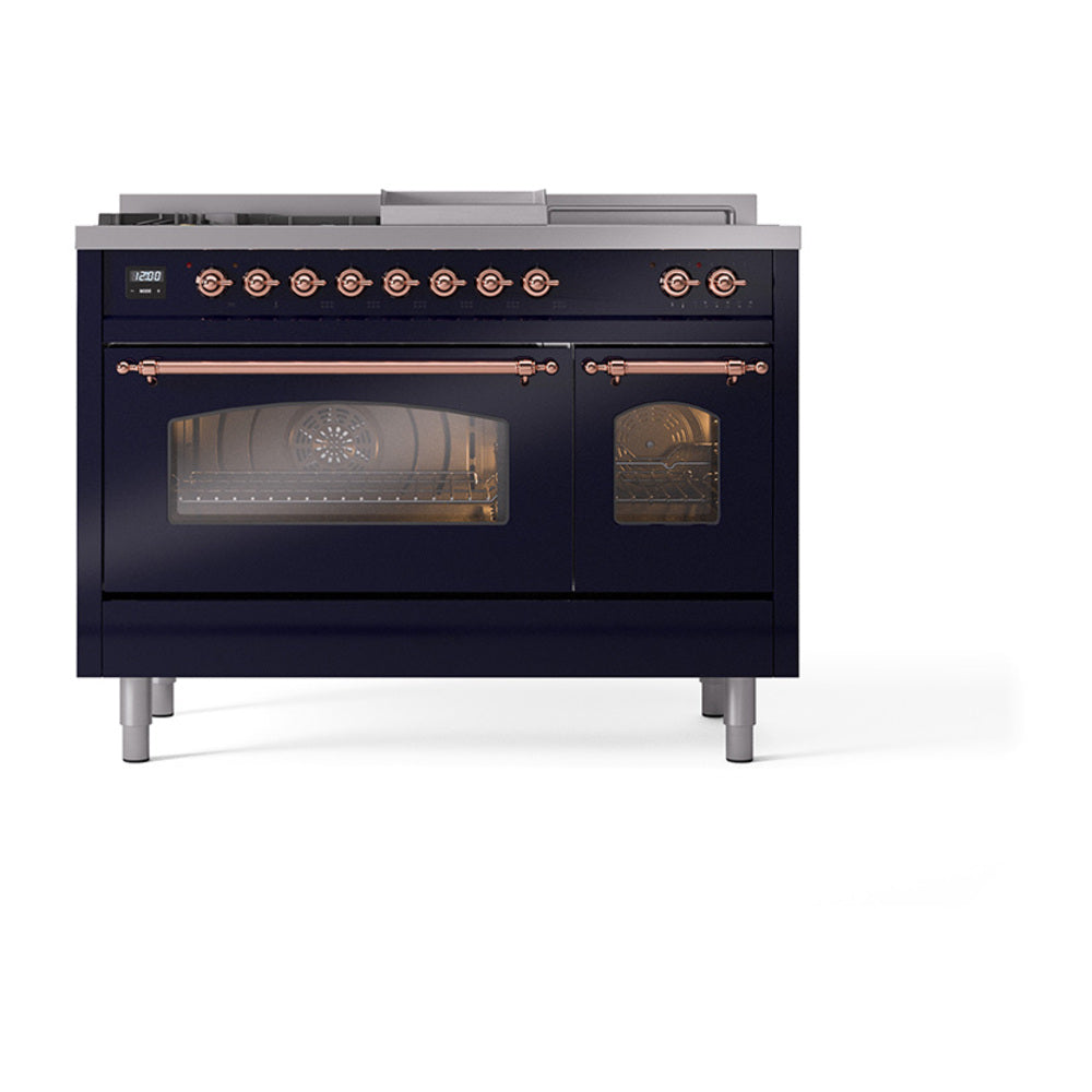 ILVE Nostalgie II 48-Inch Natural Gas Dual Fuel Range, 5 Burners, French Top, Griddle, Glass Door, Midnight Blue with Copper Trim (UP48FSNMPMBP)