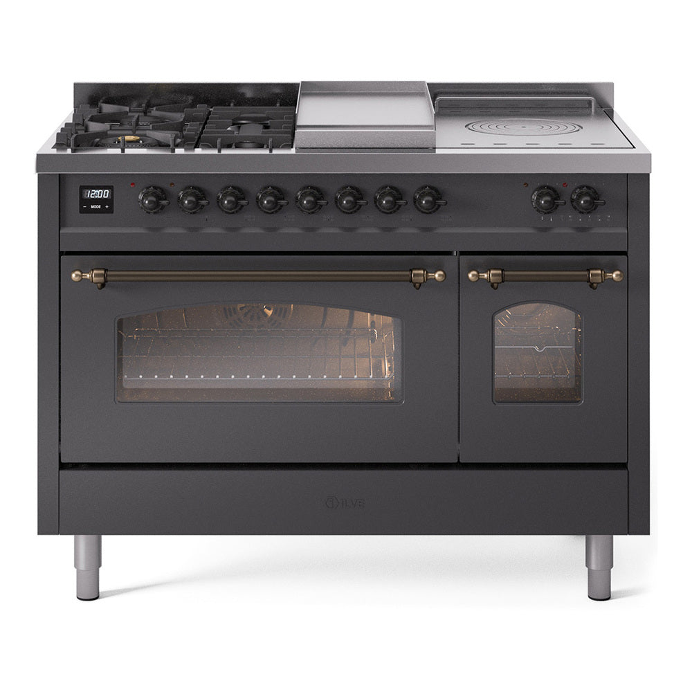 ILVE Nostalgie II 48-Inch Propane Dual Fuel Range, 5 Burners, French Top, Griddle, Glass Door, Matte Graphite with Bronze Trim (UP48FSNMPMGBLP)