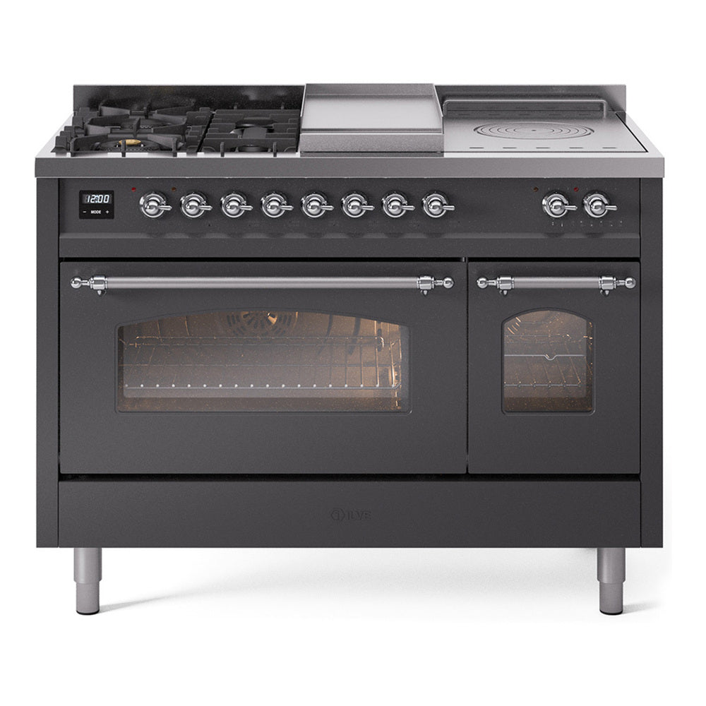 ILVE Nostalgie II 48-Inch Natural Gas Dual Fuel Range, 5 Burners, French Top, Griddle, Glass Door, Matte Graphite with Chrome Trim (UP48FSNMPMGC)