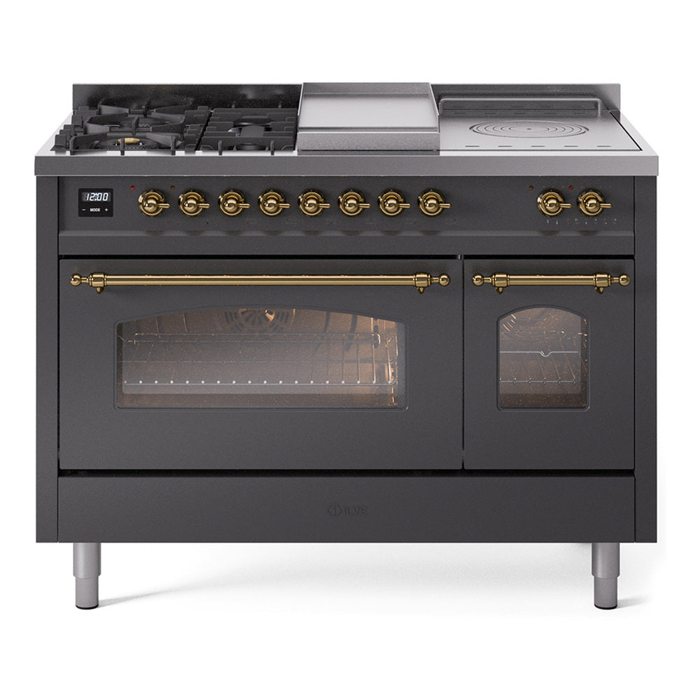 ILVE Nostalgie II 48-Inch Natural Gas Dual Fuel Range, 5 Burners, French Top, Griddle, Glass Door, Matte Graphite with Brass Trim (UP48FSNMPMGG)