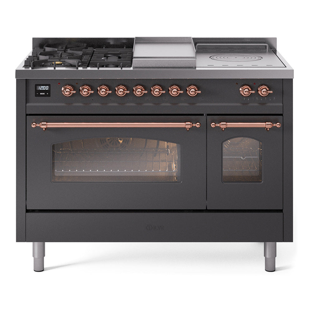 ILVE Nostalgie II 48-Inch Natural Gas Dual Fuel Range, 5 Burners, French Top, Griddle, Glass Door, Matte Graphite with Copper Trim (UP48FSNMPMGP)