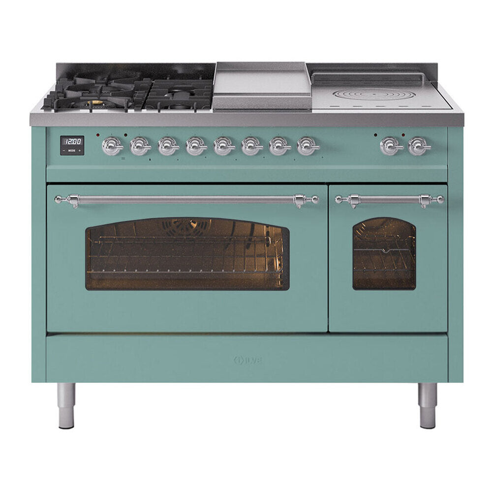 ILVE Nostalgie II 48-Inch Natural Gas Dual Fuel Range, 5 Burners, French Top, Griddle, Glass Door, Mediterranean Mint with Chrome Trim (UP48FSNMPMMC)