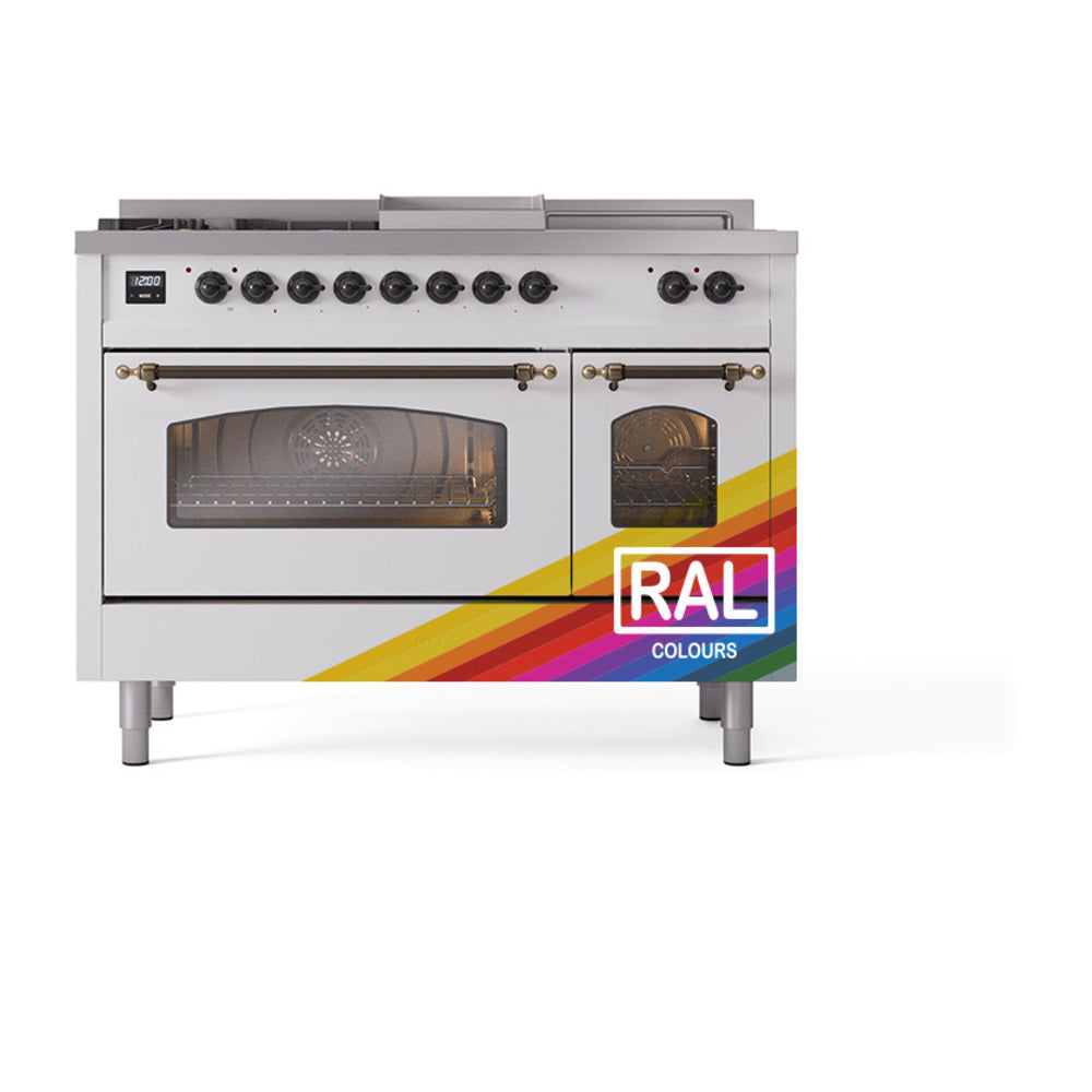 ILVE Nostalgie II 48-Inch Natural Gas Dual Fuel Range, 5 Burners, French Top, Griddle, Glass Door, Custom RAL with Bronze Trim (UP48FSNMPRAB)
