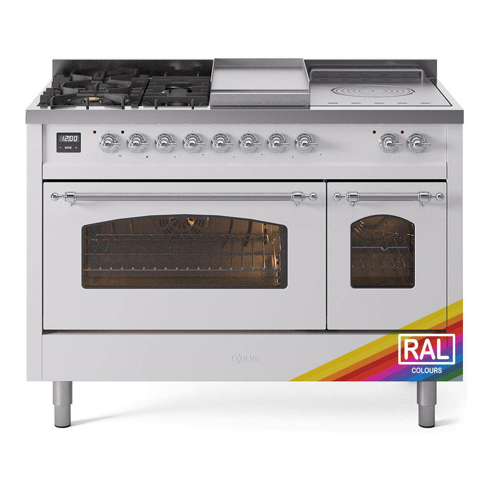 ILVE Nostalgie II 48-Inch Propane Dual Fuel Range, 5 Burners, French Top, Griddle, Triple Glass Door, Custom RAL with Chrome Trim (UP48FSNMPRACLP)