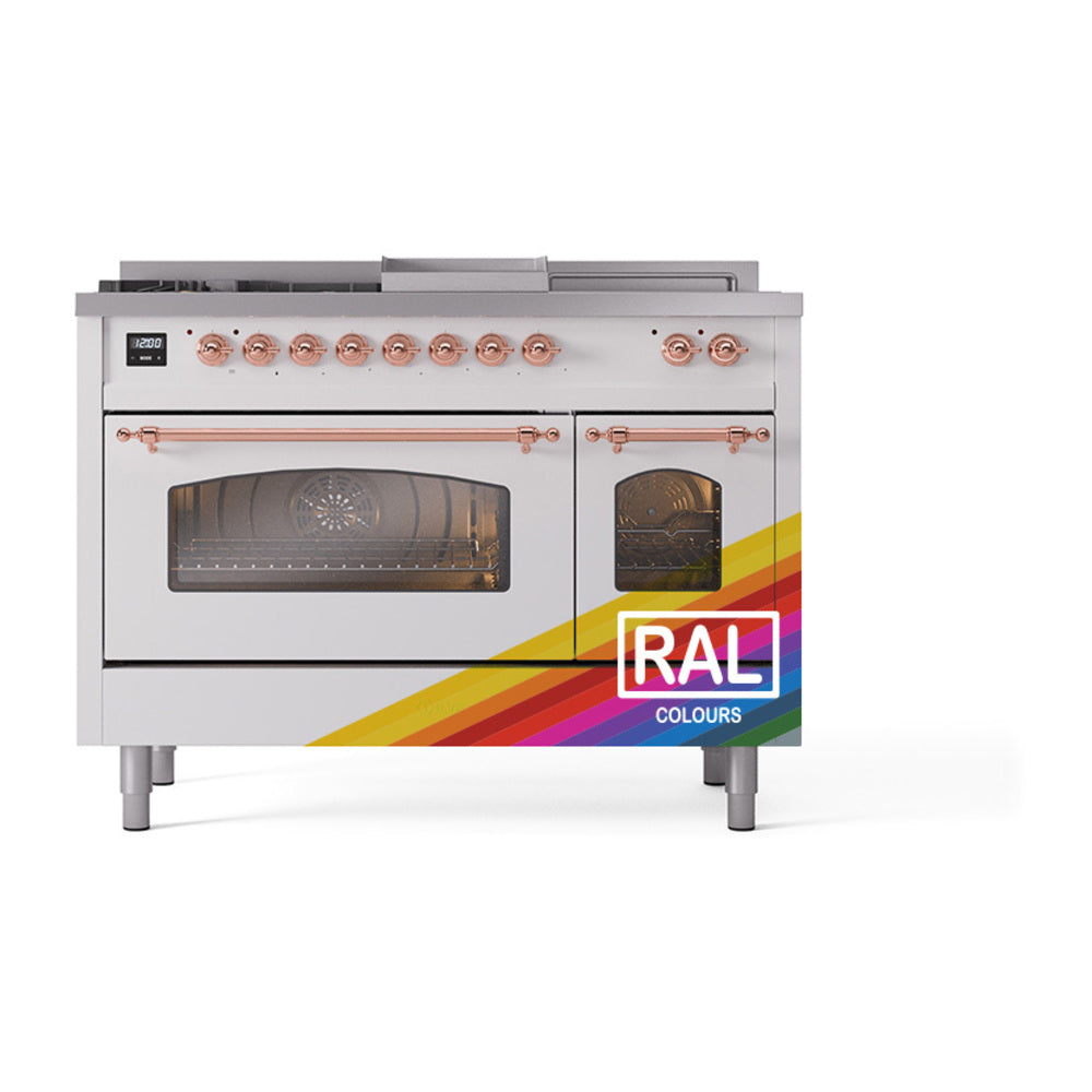 ILVE Nostalgie II 48-Inch Natural Gas Dual Fuel Range, 5 Burners, French Top, Griddle, Triple Glass Door, Custom RAL with Copper Trim (UP48FSNMPRAP)