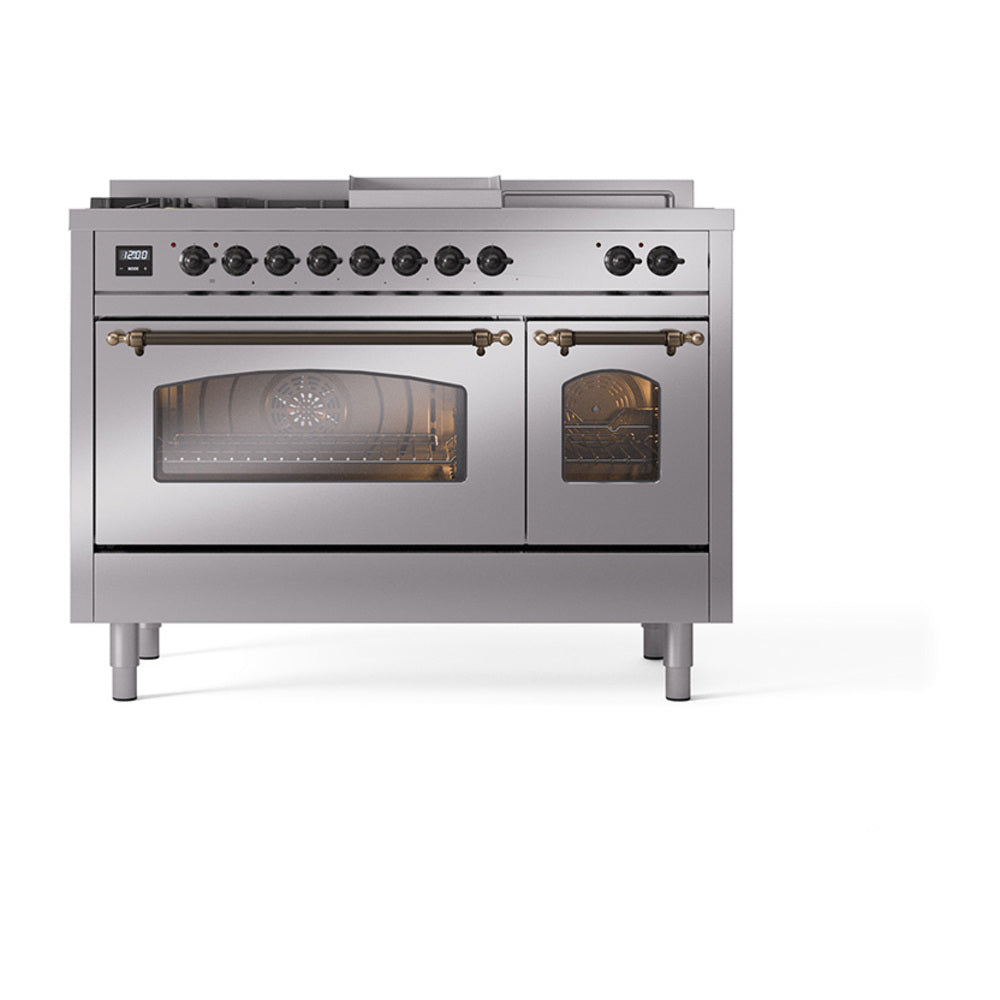 ILVE Nostalgie II 48-Inch Natural Gas Dual Fuel Range, 5 Burners, French Top, Griddle, Glass Door, Stainless Steel with Bronze Trim (UP48FSNMPSSB)