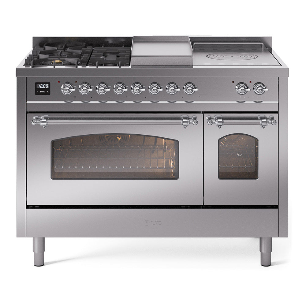 ILVE Nostalgie II 48-Inch Natural Gas Dual Fuel Range, 5 Burners, French Top, Griddle, Glass Door, Stainless Steel with Chrome Trim (UP48FSNMPSSC)