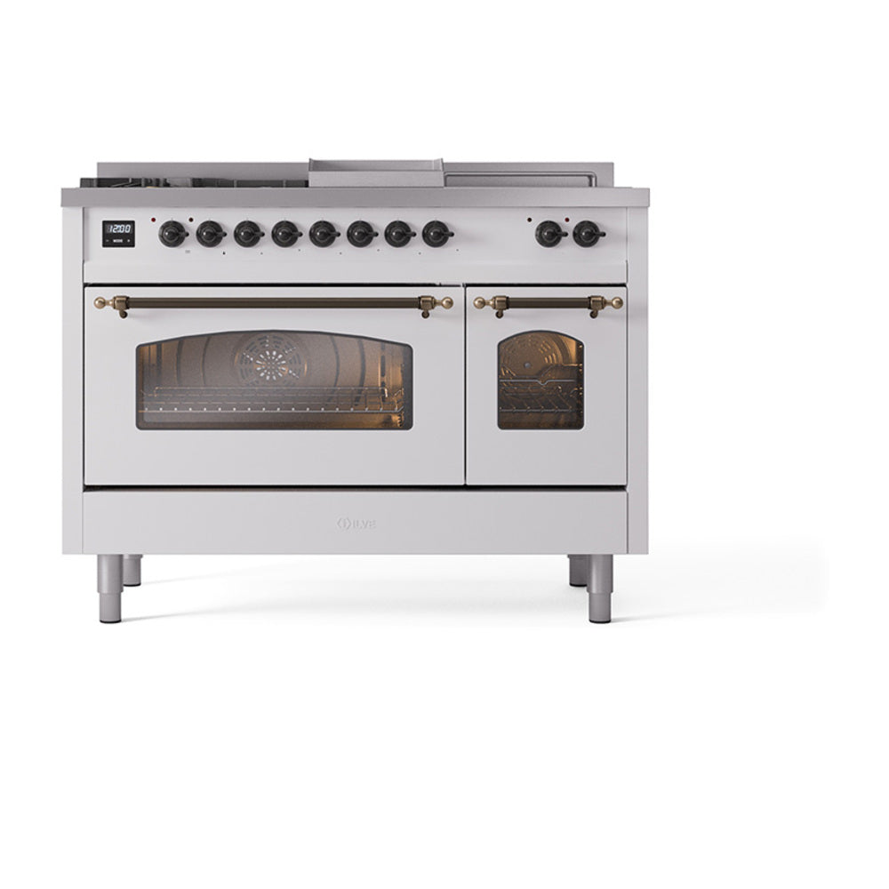 ILVE Nostalgie II 48-Inch Natural Gas Dual Fuel Range, 5 Burners, French Top, Griddle, Glass Door, White with Burnished Bronze Trim (UP48FSNMPWHB)