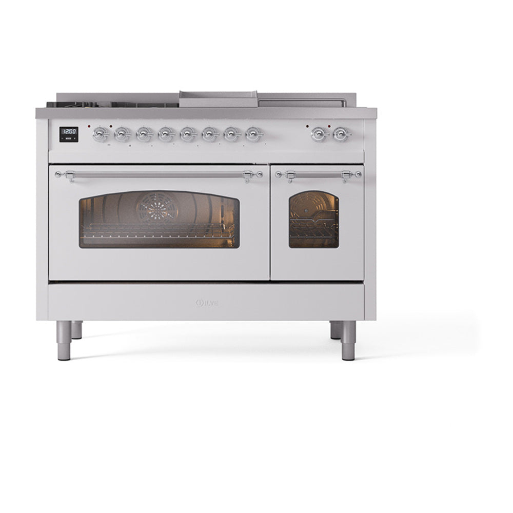 ILVE Nostalgie II 48-Inch Propane Dual Fuel Range, 5 Burners, French Top, Griddle, Triple Glass Door, White with Chrome Trim (UP48FSNMPWHCLP)