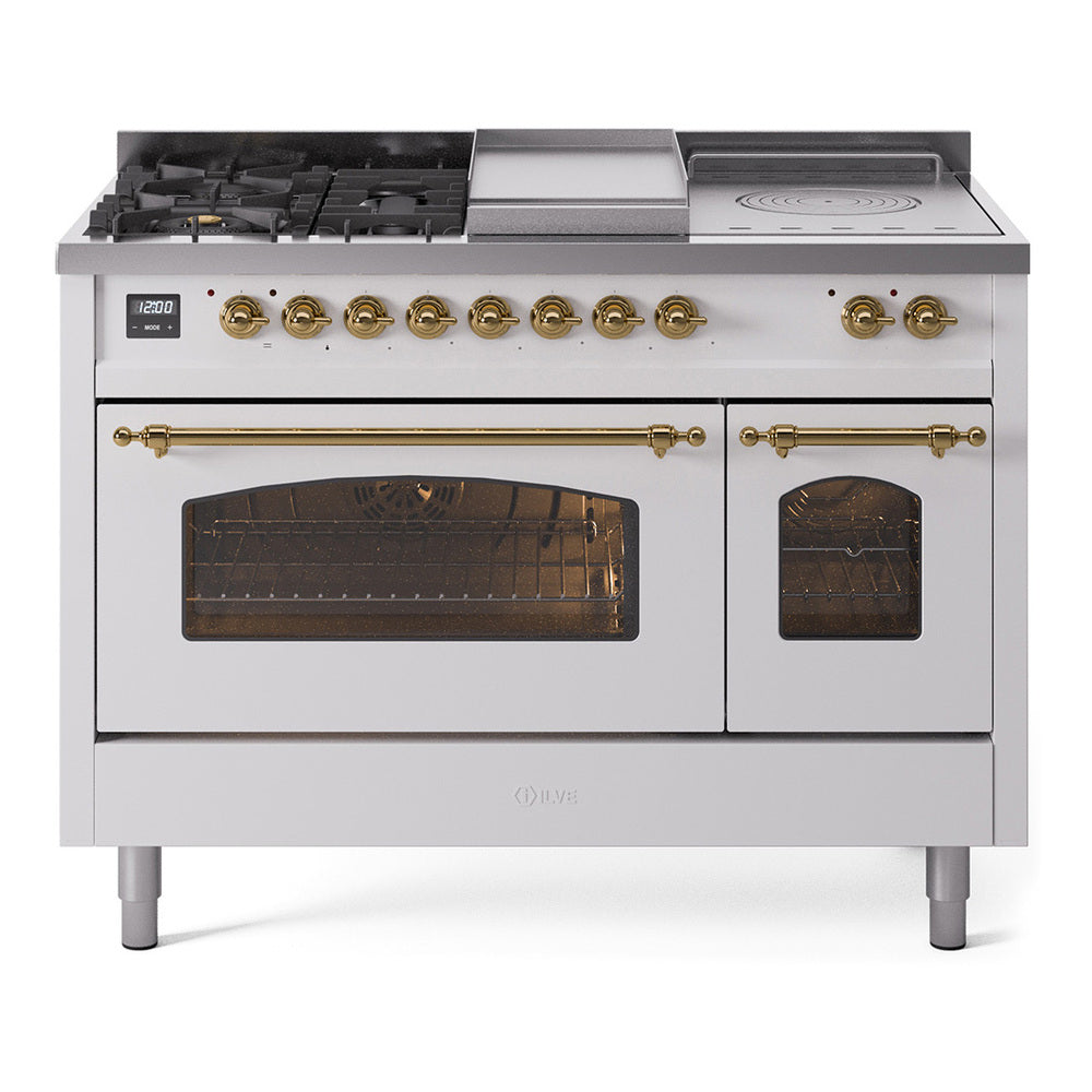 ILVE Nostalgie II 48-Inch Propane Dual Fuel Range, 5 Burners, French Top, Griddle, Triple Glass Door, White with Brass Trim (UP48FSNMPWHGLP)
