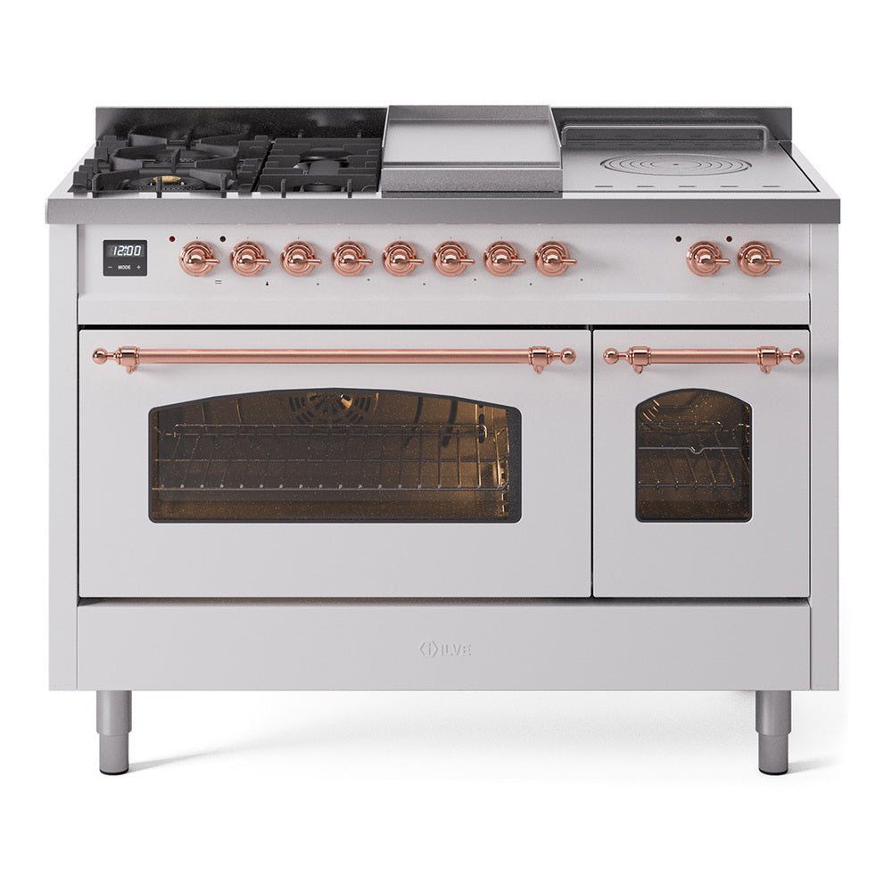 ILVE Nostalgie II 48-Inch Natural Gas Dual Fuel Range, 5 Burners, French Top, Griddle, Triple Glass Door, White with Copper Trim (UP48FSNMPWHP)