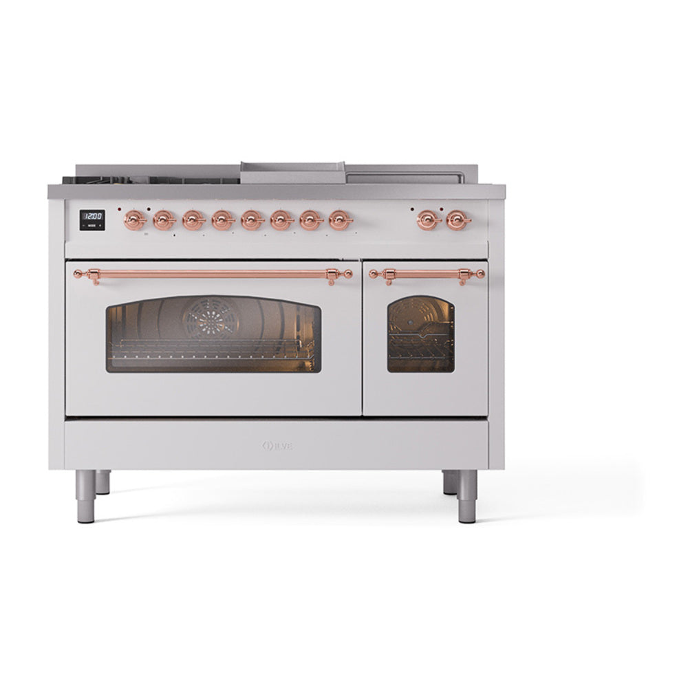 ILVE Nostalgie II 48-Inch Natural Gas Dual Fuel Range, 5 Burners, French Top, Griddle, Triple Glass Door, White with Copper Trim (UP48FSNMPWHP)