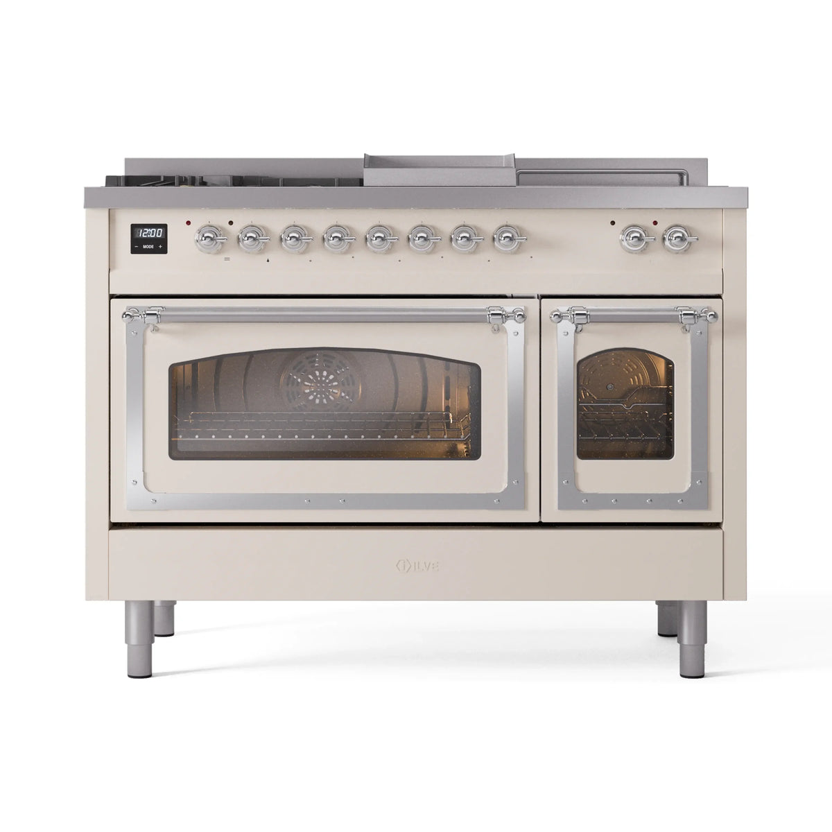 ILVE Nostalgie II Noblesse 48-Inch NG Dual Fuel Range, 5 Burners, Griddle, French Top, Antique White with Chrome Trim (UN48FSNMPAWC)