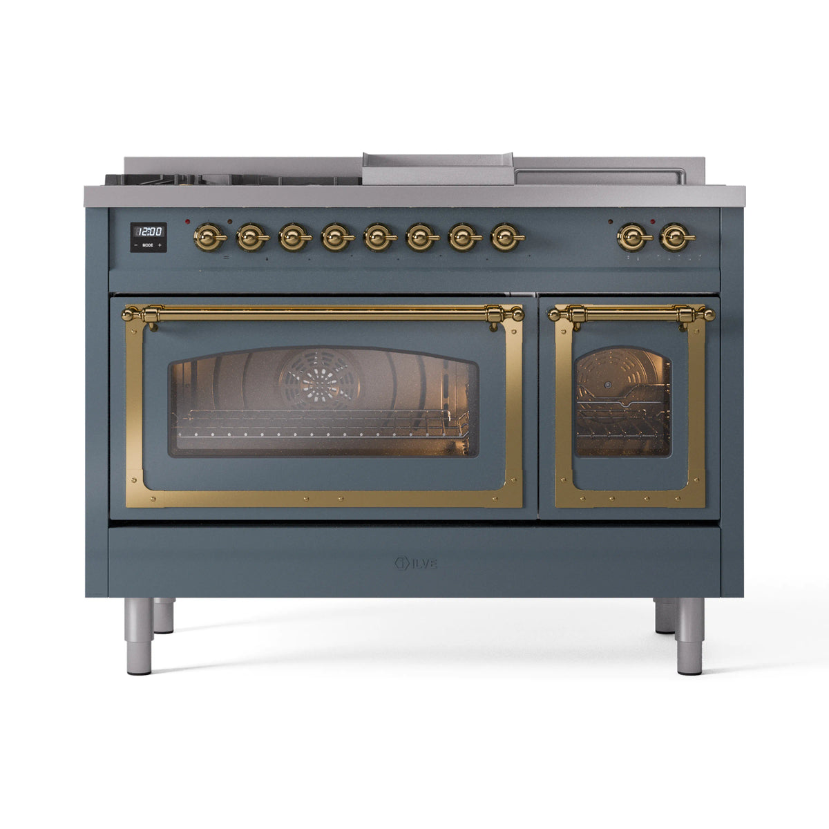 ILVE Nostalgie II Noblesse 48-Inch LP Dual Fuel Range, 5 Burners, Griddle, French Top, Blue Grey with Brass Trim (UN48FSNMPBGGLP)