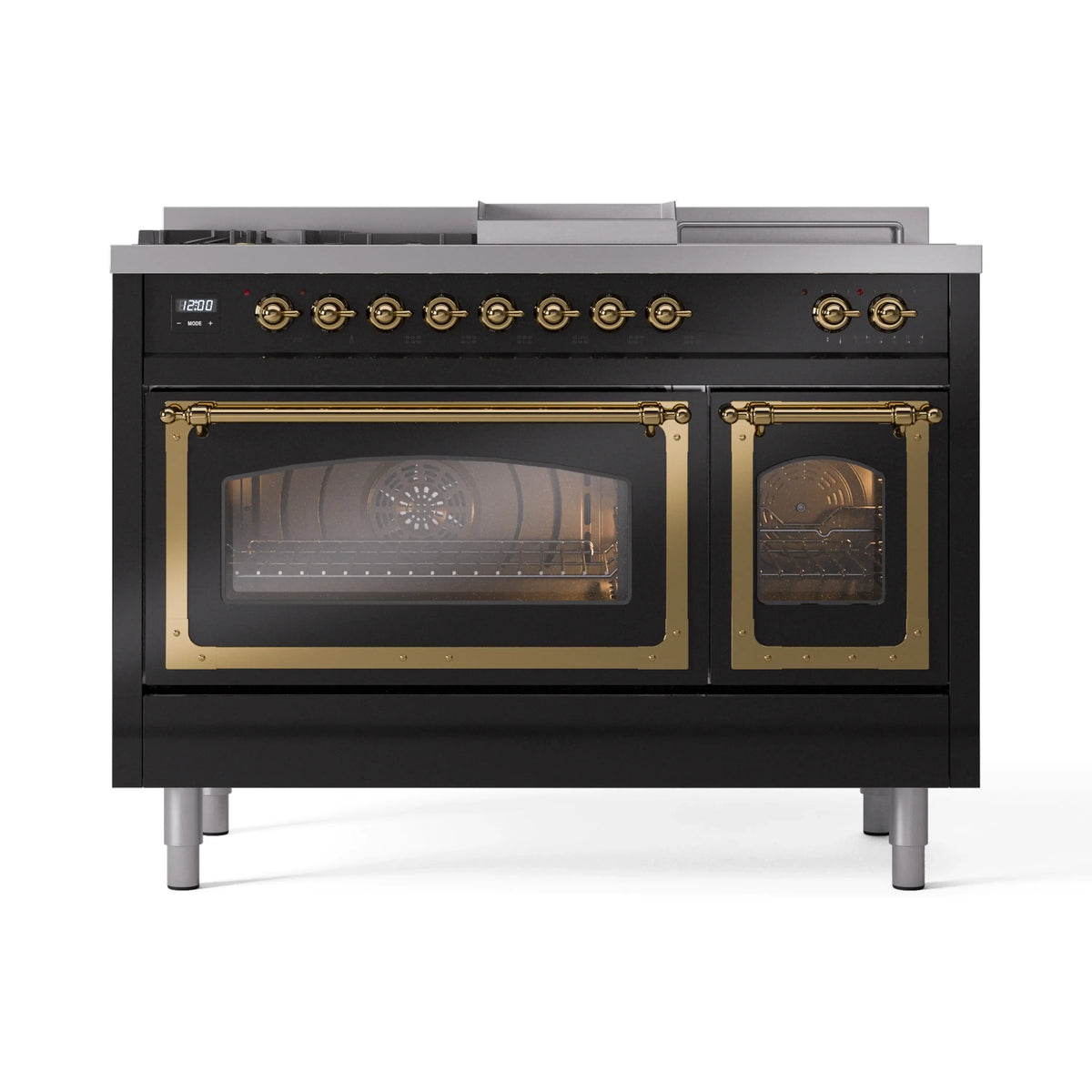 ILVE Nostalgie II Noblesse 48-Inch NG Dual Fuel Range, 5 Burners, Griddle, French Top, Glossy Black with Brass Trim (UN48FSNMPBKG)