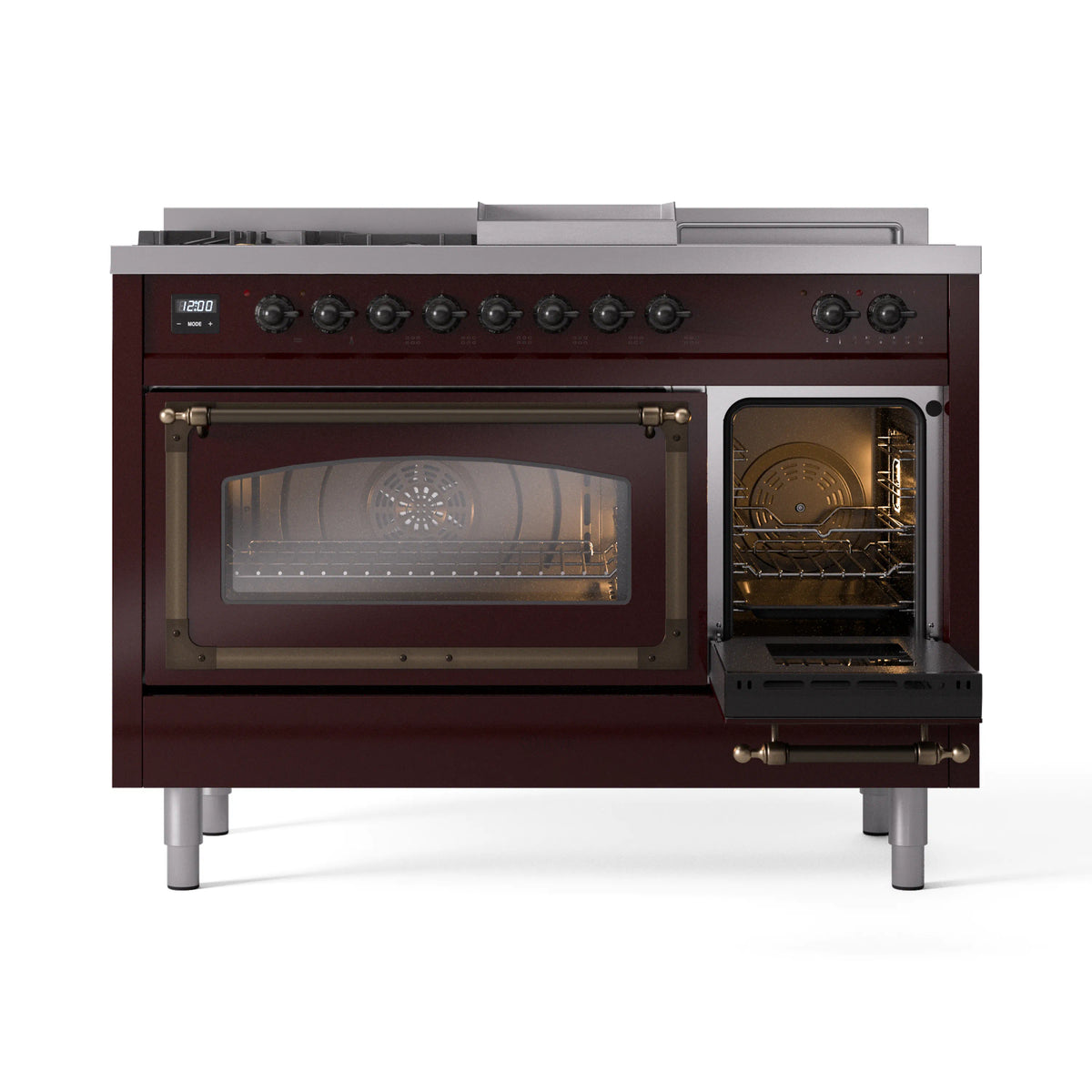 ILVE Nostalgie II Noblesse 48-Inch LP Dual Fuel Range, 5 Burners, Griddle, French Top, Burgundy with Burnished Bronze Trim (UN48FSNMPBUBLP)