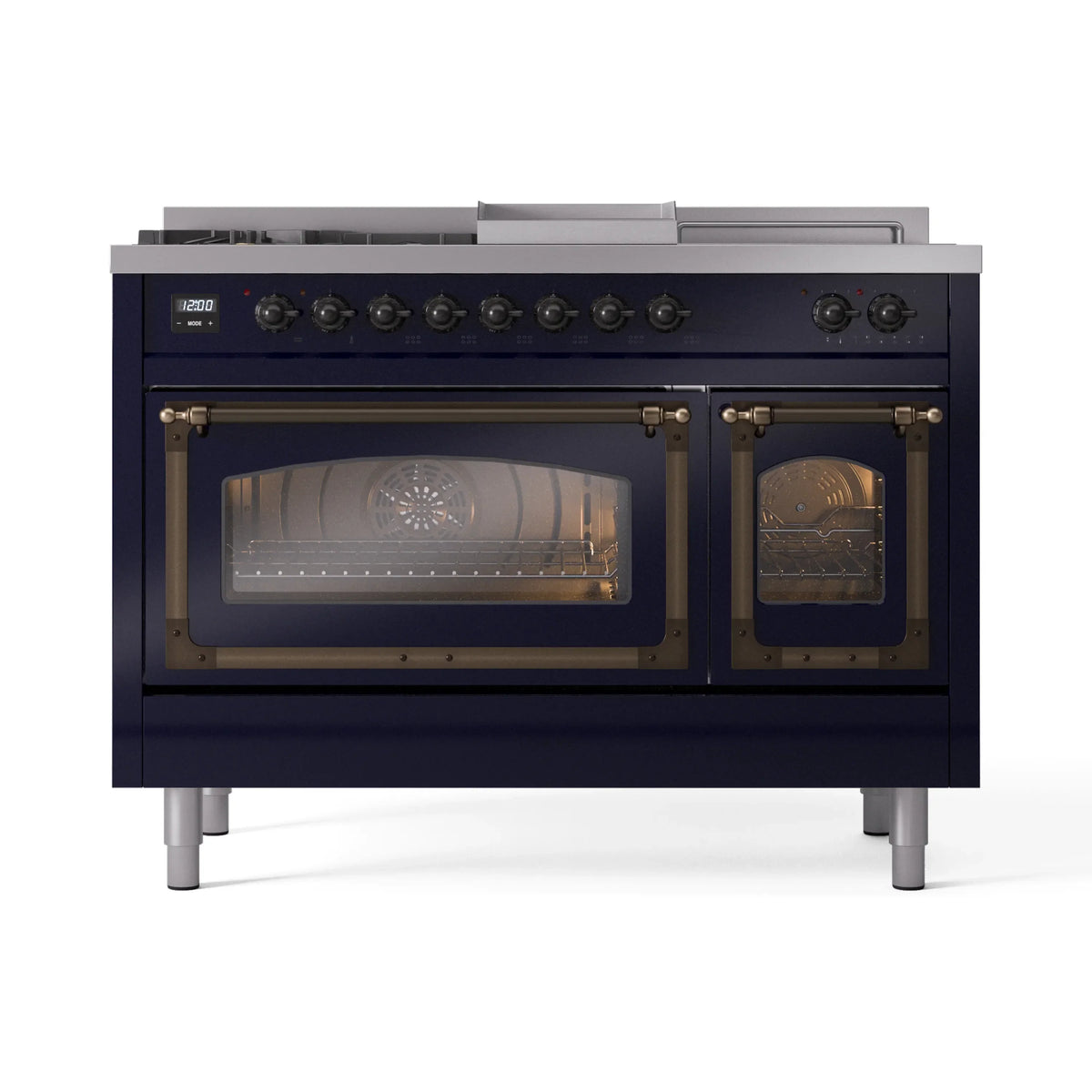 ILVE Nostalgie II Noblesse 48-Inch NG Dual Fuel Range, 5 Burners, Griddle, French Top, Midnight Blue with Burnished Bronze Trim (UN48FSNMPMBB)