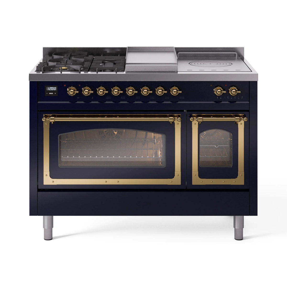 ILVE Nostalgie II Noblesse 48-Inch NG Dual Fuel Range, 5 Burners, Griddle, French Top, Midnight Blue with Brass Trim (UN48FSNMPMBG)