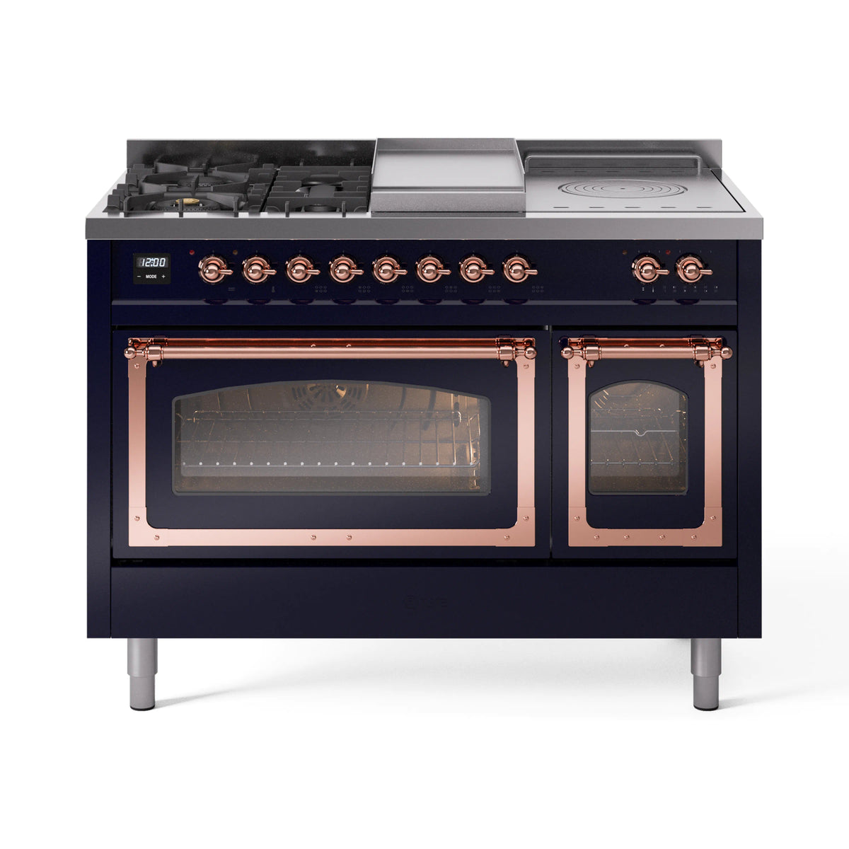 ILVE Nostalgie II Noblesse 48-Inch Freestanding Dual Fuel Range, Triple Glass Door, Midnight Blue with Copper Trim (UN48FSNMPMBPLP)